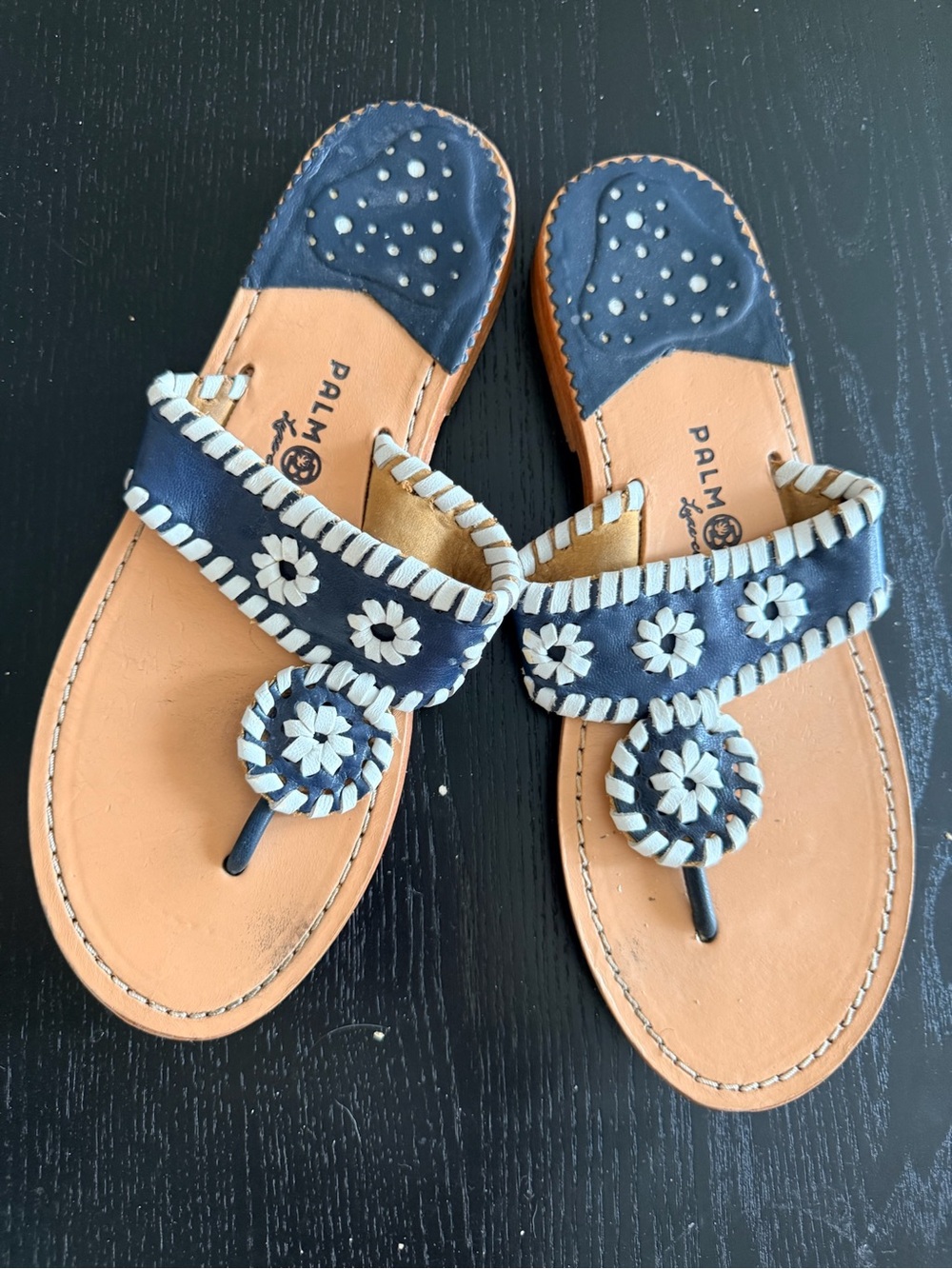 Palm Beach Sandals Navy and Tan Floral Thong Sandals
